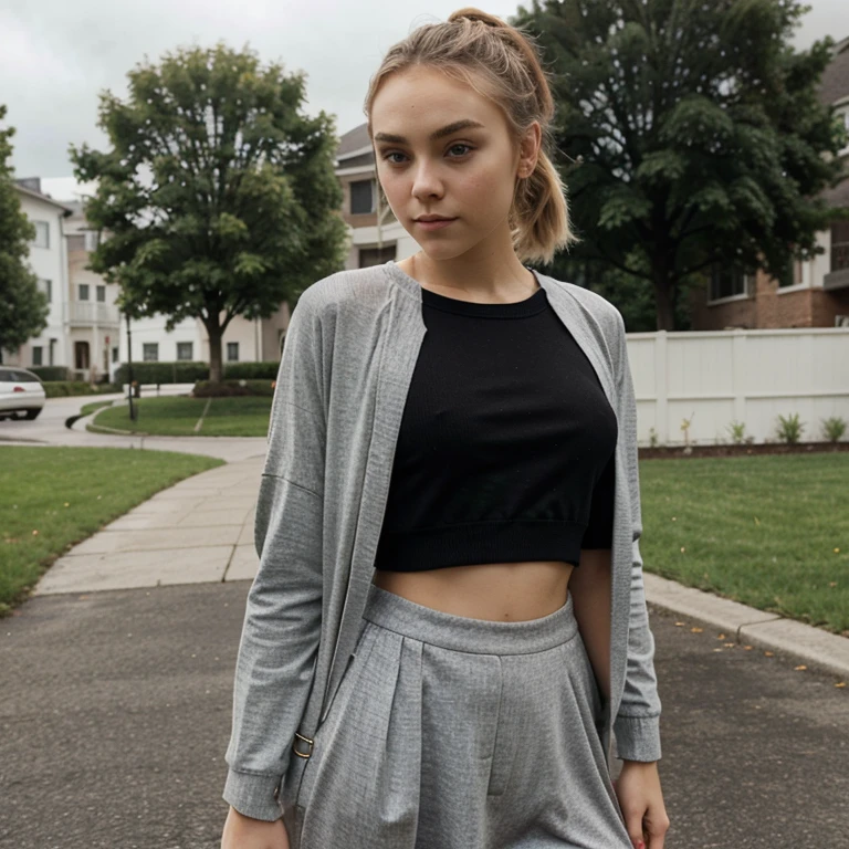 AnnaSophia Robb with ponytail hair in cloudy weather dressed in stylish clothes