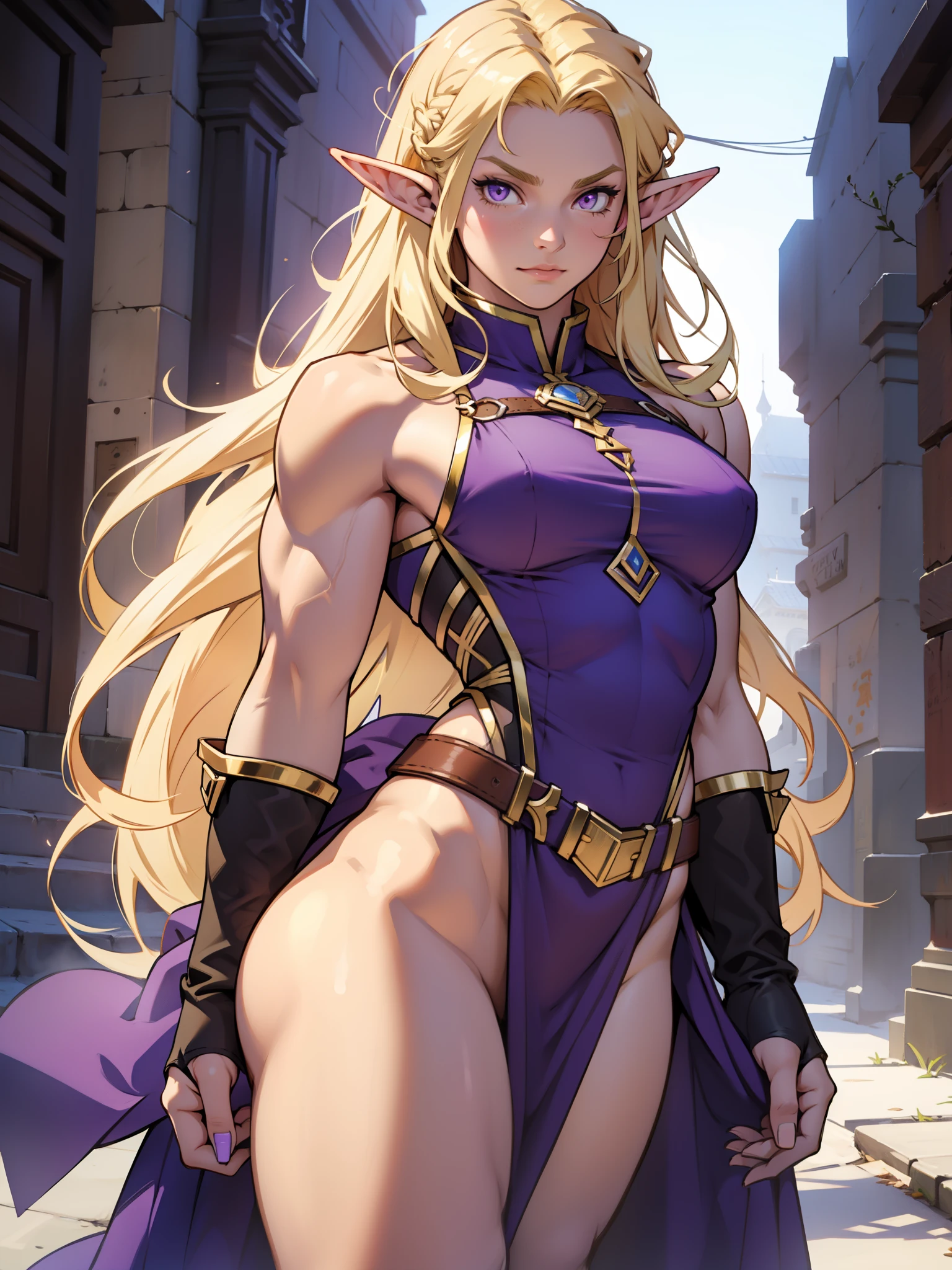 ((1 girl)), (solo), elf with pointy ears, ((muscular body)), purple eyes, blonde hair, long hair,