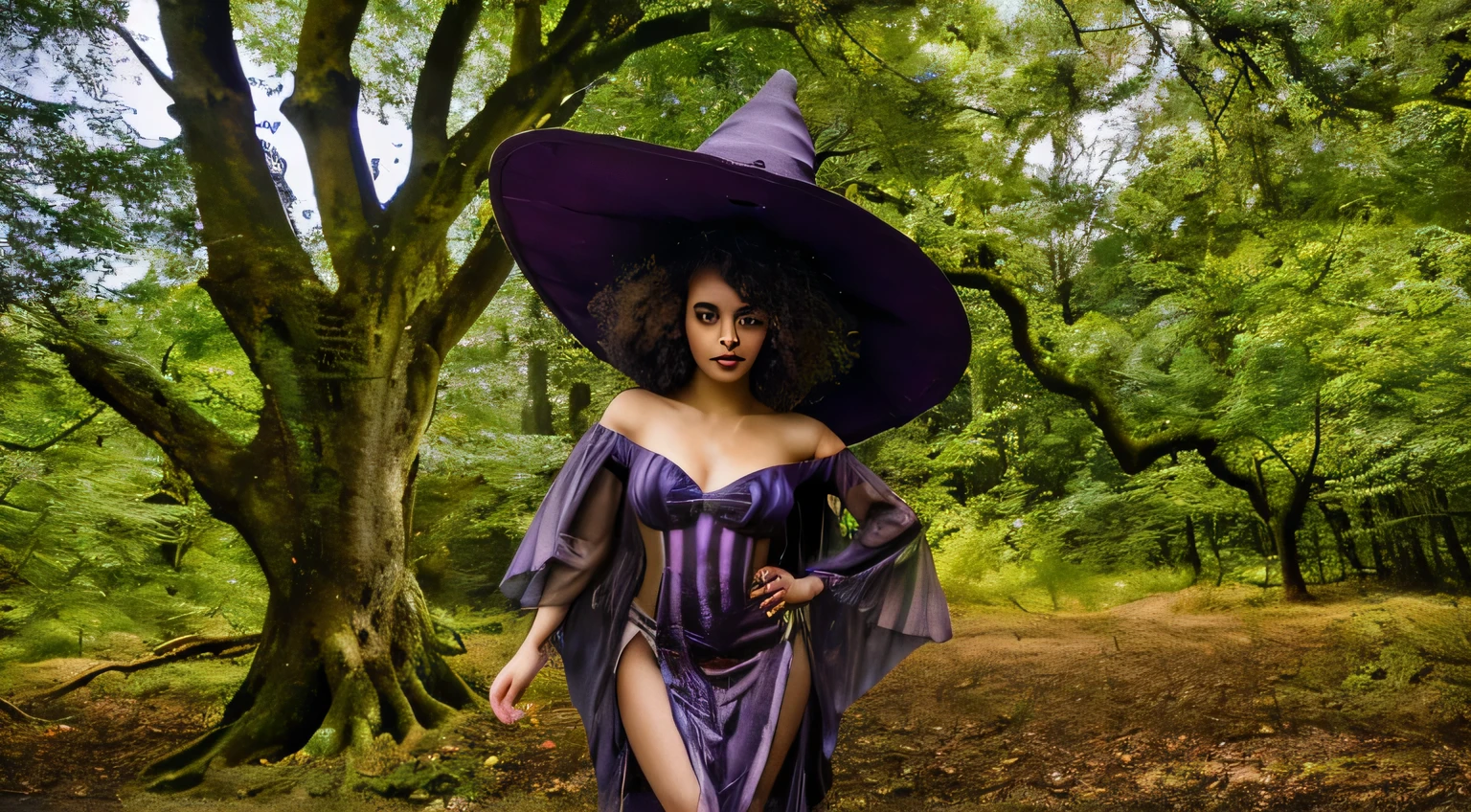 magical forest lighting behind woman, no changes to woman