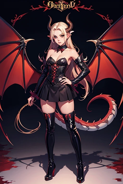 solo, succubus girl, {petite}, latex, succubus wings, succubus, horns, succubus tail, blonde hair, long hair, latex black body suits, grin, smirk, mesugaki, open mouth, long tongue, Black spear,