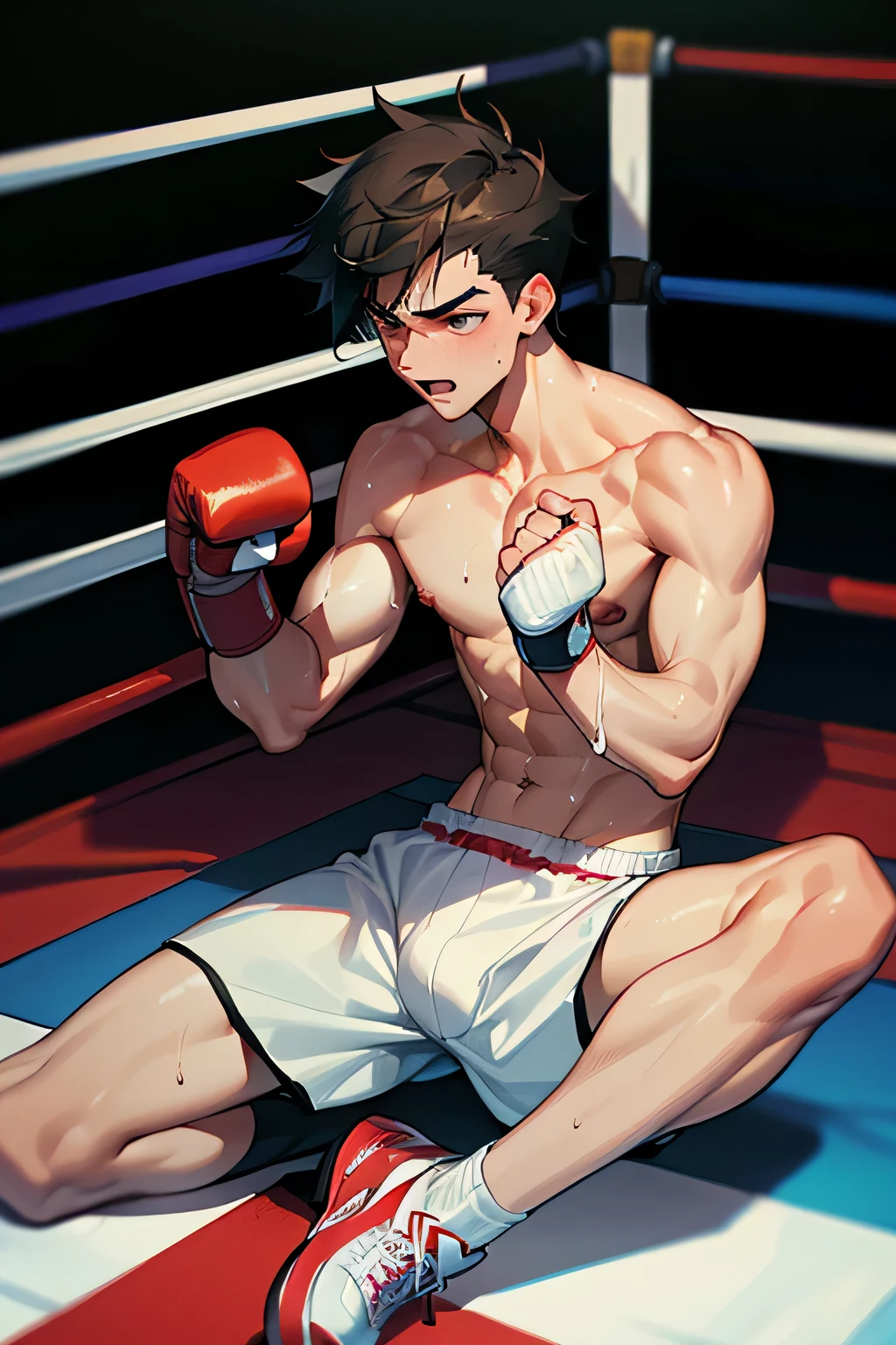 shirtless, super muscular, sweat-drenched body, 22-year old short black hair handsome caucasian male wearing boxing gloves, sweat-drenched white boxing shorts and boxing shoes, panting, getting knocked out in the ring, sitting on the floor, very exhausted, drenched with sweat, in the boxing ring