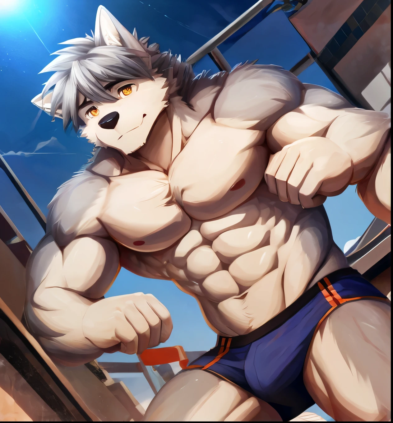furry，Ultra-clear，16k，full body portrait，Full body close-up，Facial clarity，Bright Eyes，delicate eyes，Worm&#39;s eye view，solo focus，Main body gray，Canidae，Big dog，Wolf，male，juvenile，student，high school student，sports student，young，Tough Guy，Silver-gray hair，golden eyes，Eyes as bright as the sun，tall and strong，Muscles all over the body，Large pectoral muscles，8 pack abs，Powerful biceps，thick tail，thick arms，generous palm，Wide and thick wolf claws, wide and thick animal feet, wide and thick wolf feet, sharp animal claws, sharp wolf claws，Perfect body proportions，Handsome，cute，Cool，youth，Aloof，Looks sunny，Strong build，Young face，Powerful and domineering，Be honest and honest，Humble，sexy，Aggression，hormones，Middle two diseases，-graderrome，half naked，no clothes，No shirt，shirtless，briefs，barefoot，no shoes，cold，indifferent，Poker face，stand，upright，hands in pockets，looking at the audience，erectile，tempting