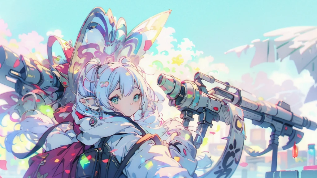((highest quality, super detailed woman:1.3)),(White hair,elfs ears,green eyes,shining eyes,small,small Rounded eyebrows ,long twin tail:1.2),Flower Meadow, (landscape photography:1.1), (highly detailed background:1.2),(cowboy shot:1.2)