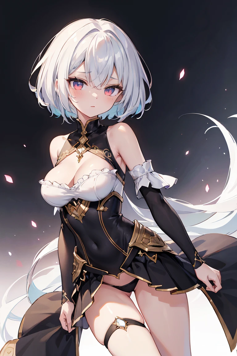1girl, anime, cute girl, blank background, white background, fantasy, detailed fantasy dress with highlights, beautiful face, beautiful eyes, dark colors, black hair with multicolor streaks, red eye with different color pupil in eye, multicolor eye, medium small breasts (slightly big), slight cleavage, beautiful skin, cute, breast curtains, extremely delicate and beautiful, (beautiful detailed face:1.0), (detailed deep eyes), symmetrical breasts, deep eyes, shiny skin, portrait, slender waist, hips wider than shoulders, thighs, expressionless, young girl, luminous eyes, adorable，（Kpop idol）,（aegyo sal：1），（Platinum blonde hair：1），（（puffy eye）），Black panty，sexy posture，Superskirt, ultra high resolution，Black collar，slim figure, Abdominal y tattoo, womb tattoo，Tight-fitting leg ring，y tattoo on half-body，Bare skin, Armored hand，Hidden fingertips，Hand covered，Arm covered，Fist covered,{{beautiful detailed fingers}}, tufts of hair, moderate beautiful breast:1.0,(masterpiece:1.2), best quality, high-res, HDR, perfect face, intricate armor, delicate blue filigree, intricate filigree, red metalic parts, detailed part, dynamic pose, dynamic lights, cute face, neutral expression