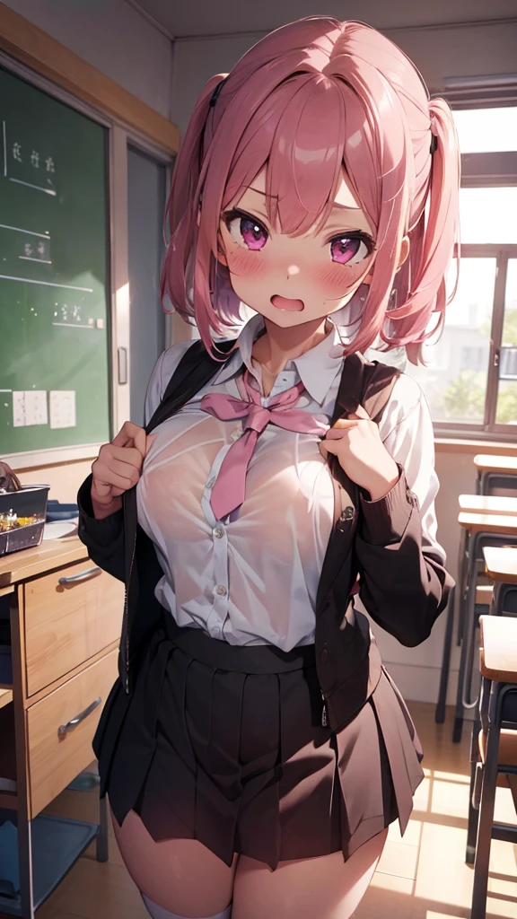 mastute piece,Best Quality,insanely detailed,8k cg,
shoot upper body,
1girl,standing,body in front,looking at viewer,(see-through school uniform),
blush,shy,(trembling:1.2),pink hair,break,open mouth,large breast,classroom,