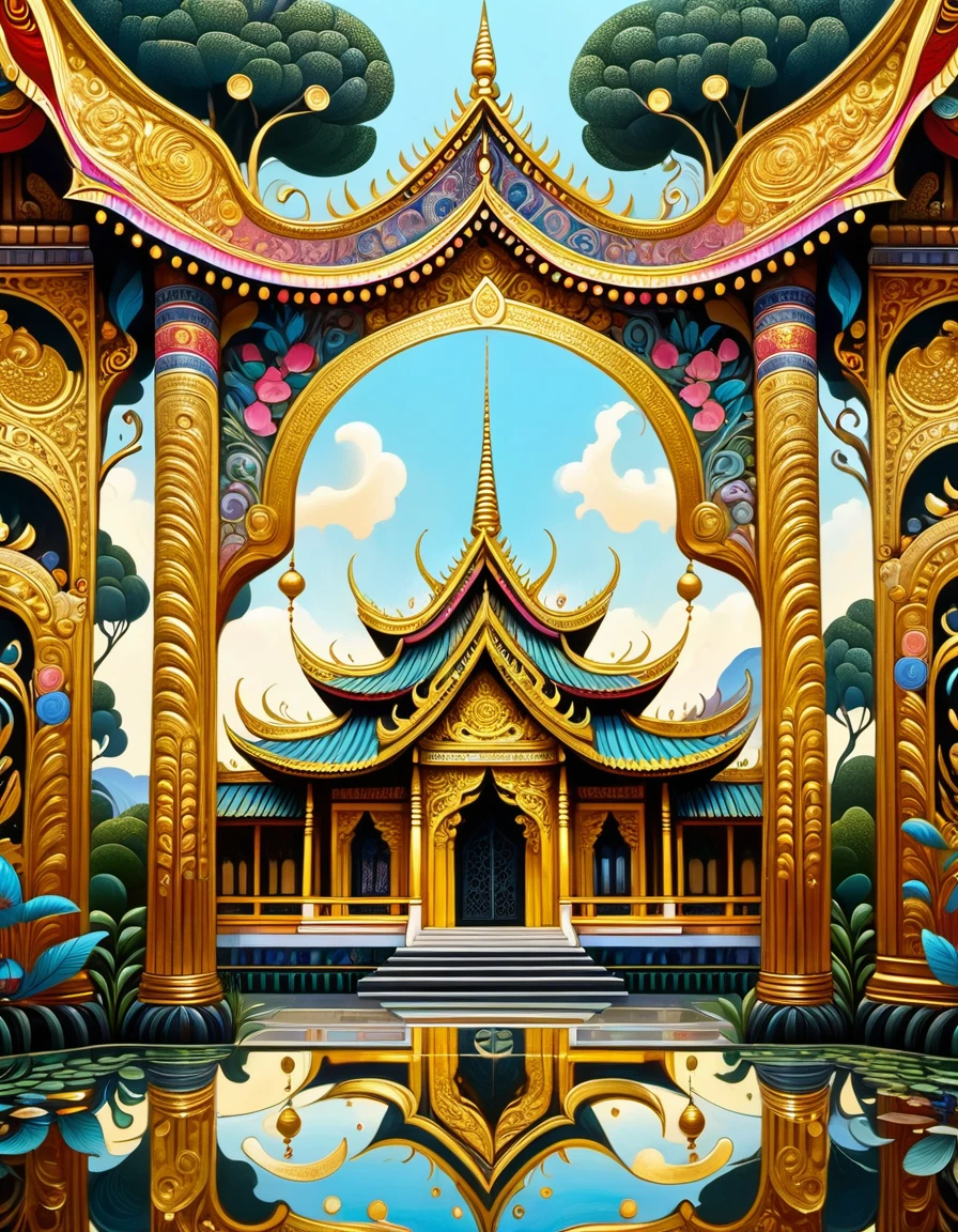 Thai King&#39;s Palace, Renaissance rural realism style, Gold foil on it, Psychedelic Surrealism:, Hall of Mirrors, traditional vietnamese, Woodcarver, organic architecture 