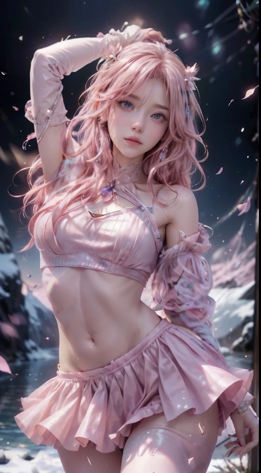 (logo、masterpiece、8k、table top、RAW photo、wonderful、最high quality、Photorealistic and hvery detailed CG integrated 8k wallpaper、high quality、very detailed、Narrative poem、particle effects、dynamic effects、written boundary depth、cinematic light、Lens flare、ray tracing)、fantasy、 (1 beautiful woman、light pink hair、beautiful face、real face、beautiful detailed eyes、beautiful skin、woman dancing gracefully:1.7、woman dancing gracefully:1.7)、Hair flutters in Wind、hair bouncey hair dances in the wind、hair jump、halter neck、leather pants、leather jacket、silver earrings、night、Wind、darkness、snow and hoarfrost、very cold winter day、snow-capped mountainや森、hoarfrost、snow-capped mountain々、The beauty and brilliance of frost-covered trees、Serenity and beauty meadow of ice and snow world、vast land、Lakeside、wonderful scenery、Beautiful natural wind scenery、night sky、Wind、cherry blossoms、cherry blossomsの花びらが舞っている、SakuraFubuki、falling petals