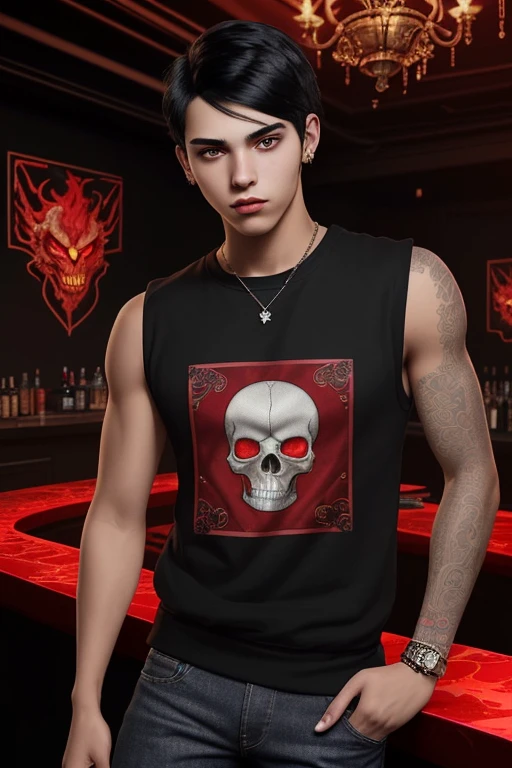 20-year-old man with Latin appearance, black hair, emo, black sleeveless sweatshirt with red decoration, red shirt, dragon symbol print, slim muscular complexion, red jeans, looking straight at the viewer in the background of a nightclub while holding a crystal skull. 