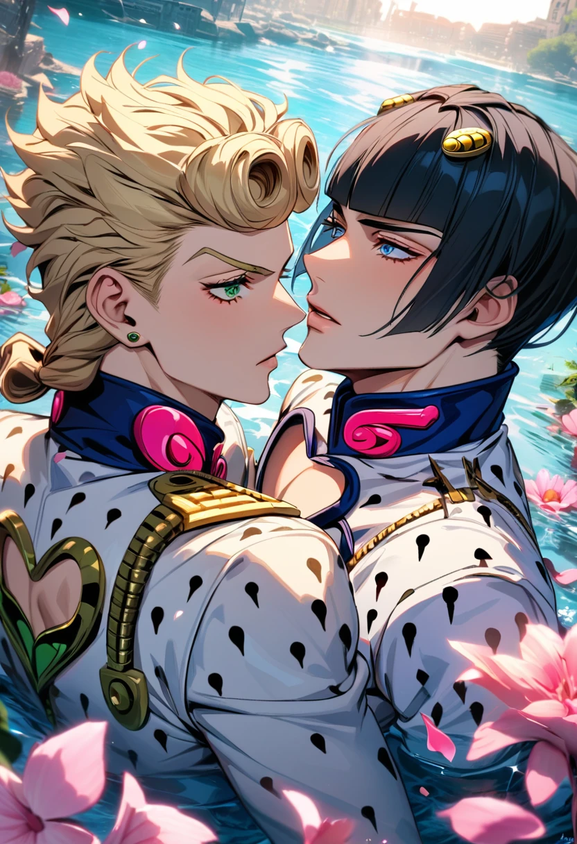 absurdres, highres, ultra detailed, HDR, masterpiece, Giorno Giovanna, blond hair, expressive green eyes, jojo bizarre adventure, Bruno Bucciarati, black hair, expressive blue eyes, 2men together, gay couple, water, pink petals, pink flowers, pink butterflies