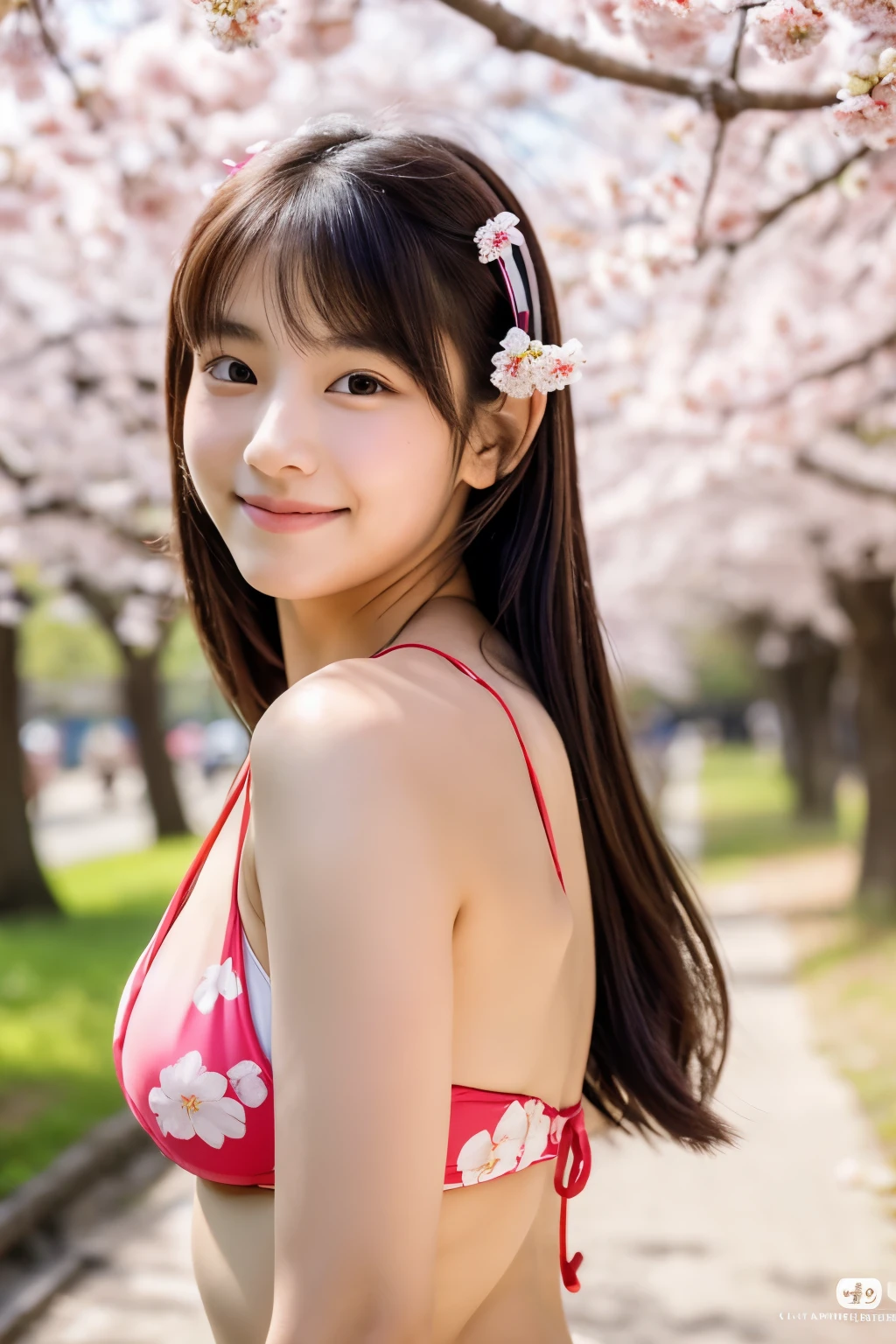 A 20-year-old woman with the cute face of an idol who looks .。Gentle and cute。Please smile kindly。She's in a bikini、The bust is a little large　I&#39;m walking through the park with cherry blossom petals falling.　Raw photo。real life。sofa。No copyright notice