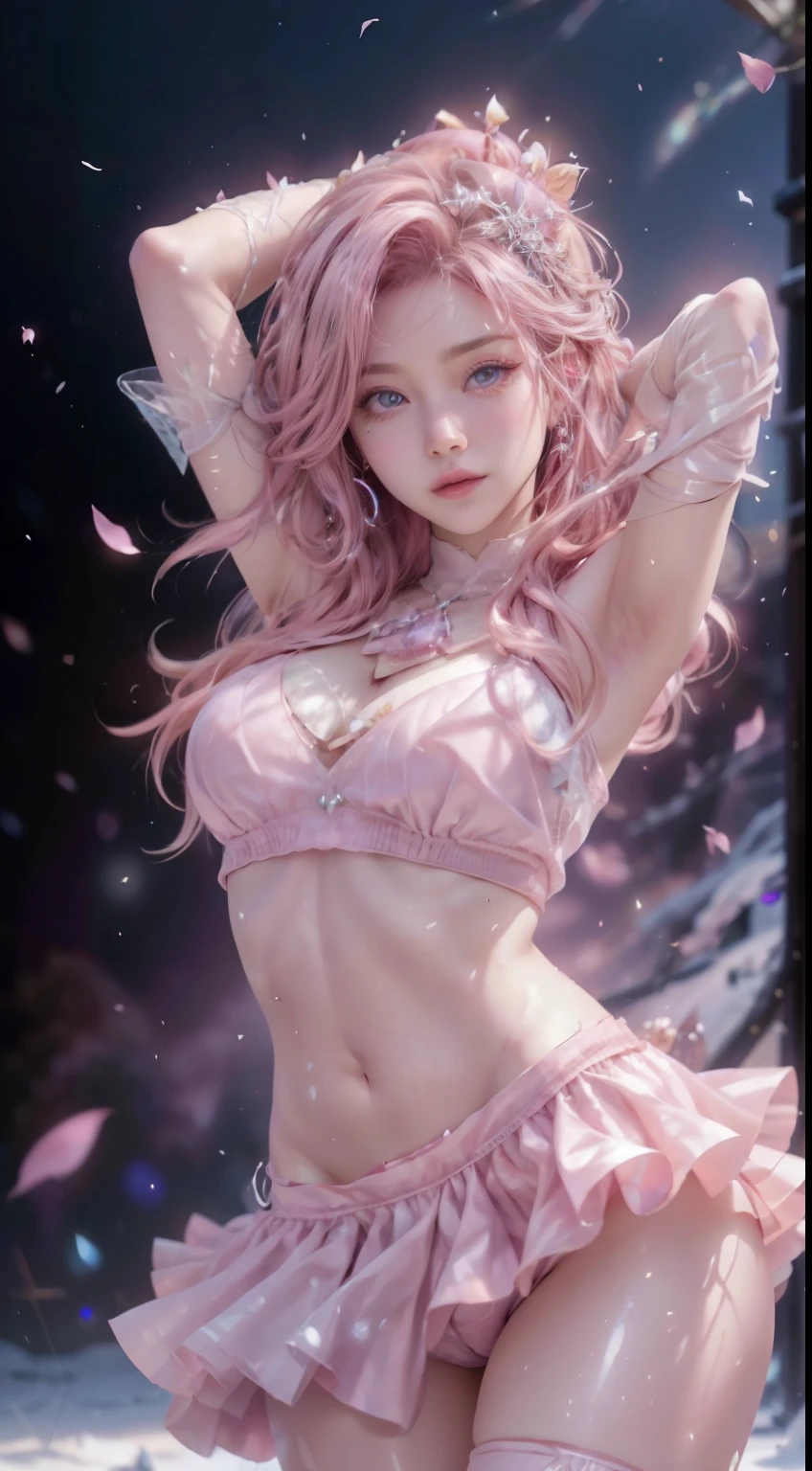 (logo、masterpiece、8k、table top、RAW photo、wonderful、最high quality、Photorealistic and hvery detailed CG integrated 8k wallpaper、high quality、very detailed、Narrative poem、particle effects、dynamic effects、written boundary depth、cinematic light、Lens flare、ray tracing)、fantasy、 (1 beautiful woman、light pink hair、beautiful face、real face、beautiful detailed eyes、beautiful skin、woman dancing gracefully:1.7、woman dancing gracefully:1.7)、Hair flutters in Wind、hair bouncey hair dances in the wind、hair jump、halter neck、leather pants、leather jacket、silver earrings、night、Wind、darkness、snow and hoarfrost、very cold winter day、snow-capped mountainや森、hoarfrost、snow-capped mountain々、The beauty and brilliance of frost-covered trees、Serenity and beauty meadow of ice and snow world、vast land、Lakeside、wonderful scenery、Beautiful natural wind scenery、night sky、Wind、cherry blossoms、cherry blossomsの花びらが舞っている、SakuraFubuki、falling petals