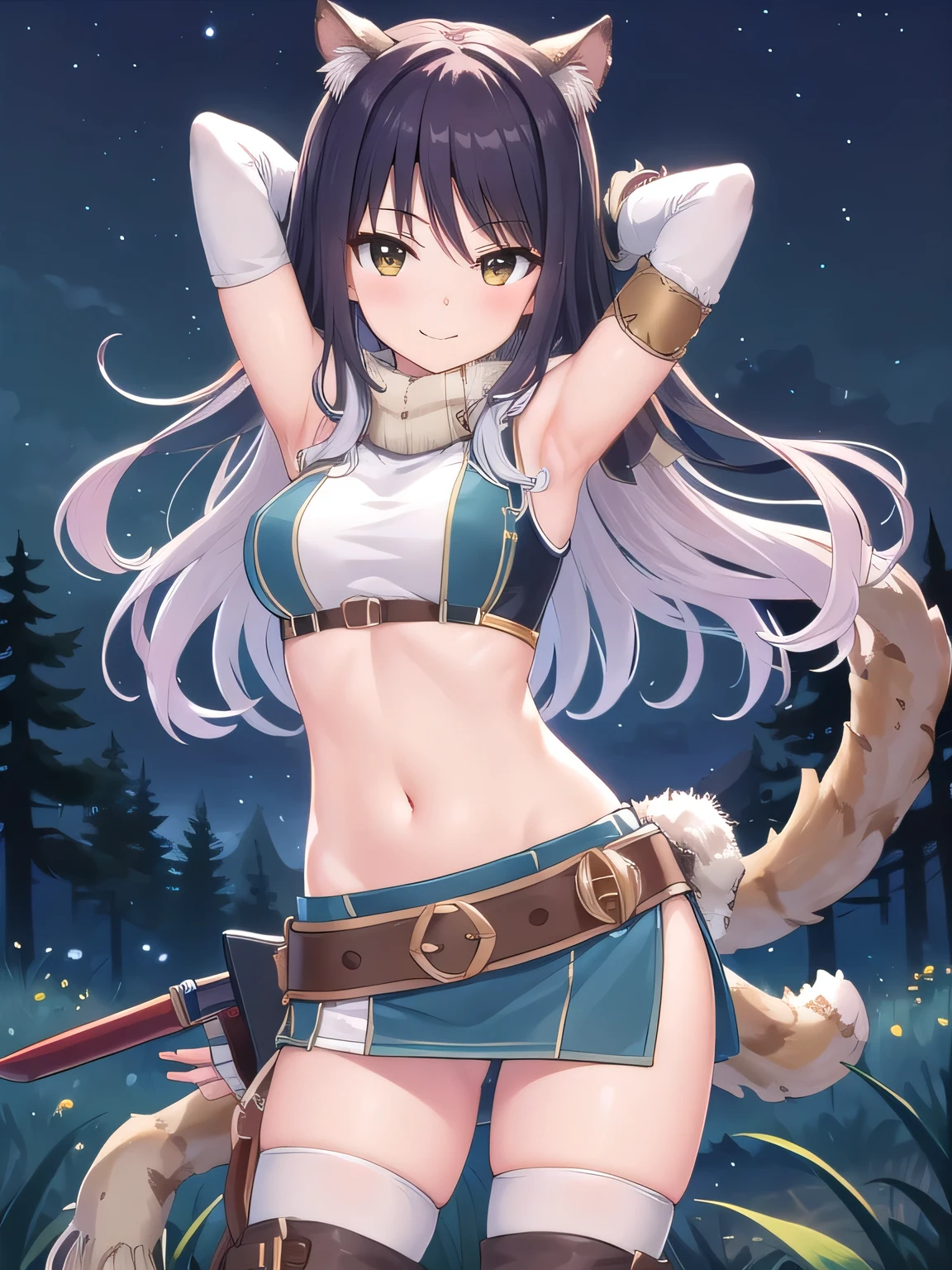 1girl, long hair, boots, thighhighs, midriff, skirt, crop top, quiver, bare shoulders, thighhighs under boots, bangs, gloves, belt, navel, breasts, vambraces, miniskirt, fingerless gloves, blush, Shiori, solo, night sky, forest, arms behind head, {contrapposto}, spread armpits, closed mouth, smile, (cowboy shot:1.5),