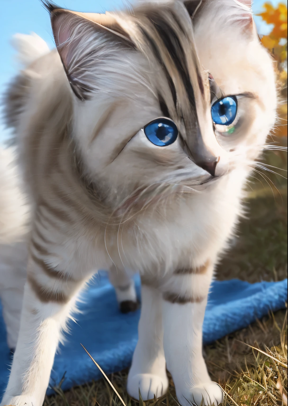 Normal situation (Fluffy Siamese cat boy), On the battlefield， standing on your feet，Face facing the camera， ((glomy， Detailed face, Clear big eyes，Blue eyeeticulous details)), Natural and soft lighting, 8K, sfv, Autumn , Peaceful , (Fluffy paws), in a .