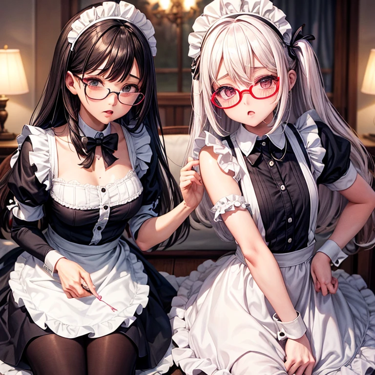 ultra-detailliert, Best Quality, High resolution, ((two cute girls with black hair)), Pretty eyes、Looking at Viewer, pale skin, Petite,（ maid clothes）、（I'm not wearing panties）、(flat chest), (Glasses), (blush:1.2), Blue eyes, An embarrassed smile, NSFW,　Sitting in bed、Focus on the face、