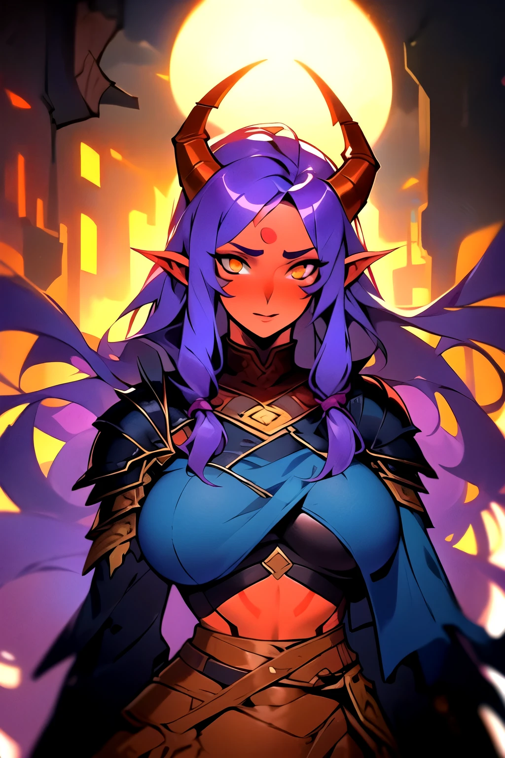 female, ((tiefling)), 1 girl, alone, dnd, ((artificer outfit)), ((best quality)), ((arcane armor)), ((masterpiece)), (detailed), HDR, perfect face, cloth skirt, ((long pale hair)), ((long hair)), ((purple hair)), built, fantasy workshop night time background, orange eyes, ((red skin)), huge size breast, demon horns, portrait, shy,