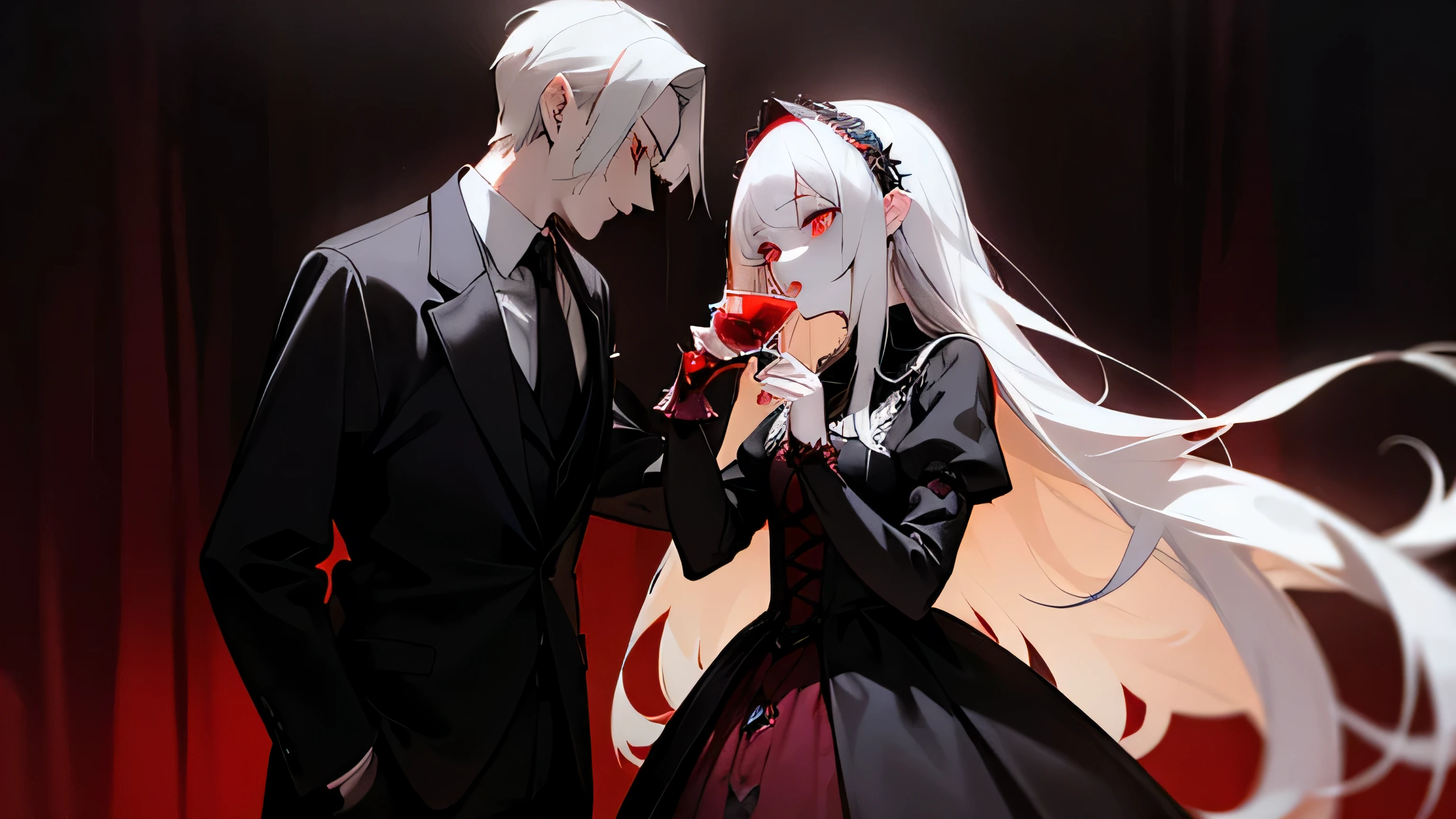 High quality, 4k, best detailed, 1girl, grey long hair, pale skin, dark red eyes, vampire girl, wearing short sexy gothic ta dress, she's drinking blood wine glass, standing next to a man wearing suit pale skin and he's also vampire, image is heavily shadow and light