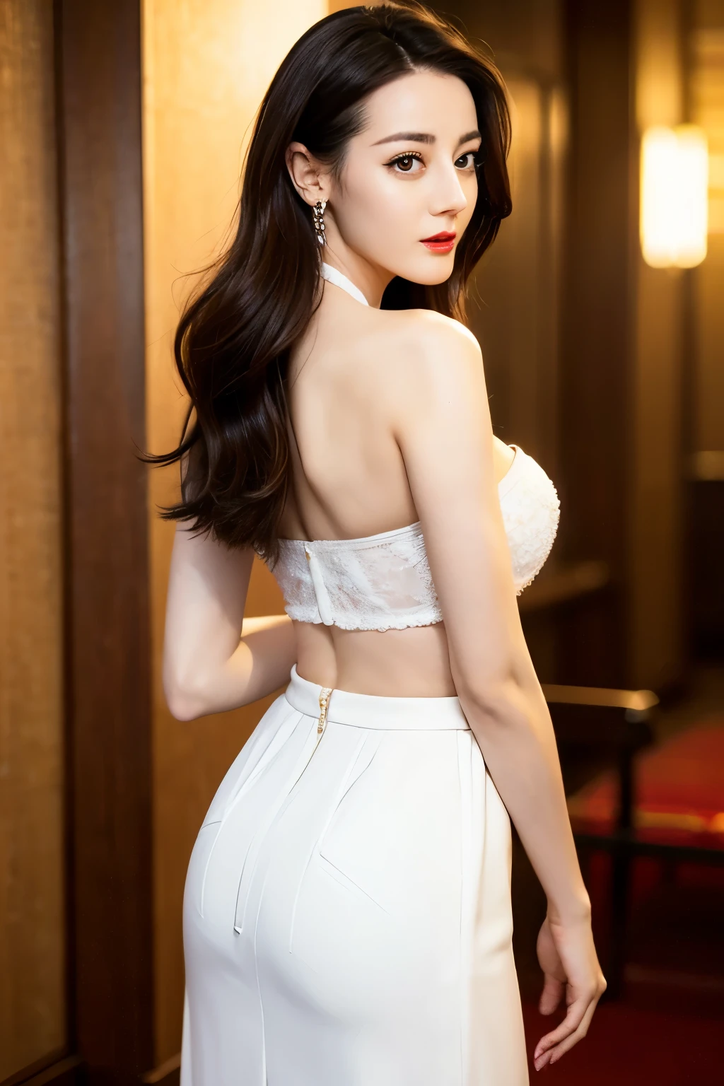 ((top quality、8K、​Masterpiece:1.3))、Extremely delicate beautiful girl，huge breasts，bigger breasts，amazing breast size，G cup，Sunset。Wear big earrings，Very white skin，moist red lips，Waist is very thin，Thighs are very thin，big ass，exposed，fair and smooth skin，Smooth and fair skin，flawless skin，Fair and shiny skin，Cold white skin，The camera focuses on the chest，bright light，Bandeau dress，Transparent skirt，Openwork skirt，exposed的肩膀，brown hair，后背exposed到臀部，后背exposed到腰臀线，Smooth white back，Stand sideways，Straight posture