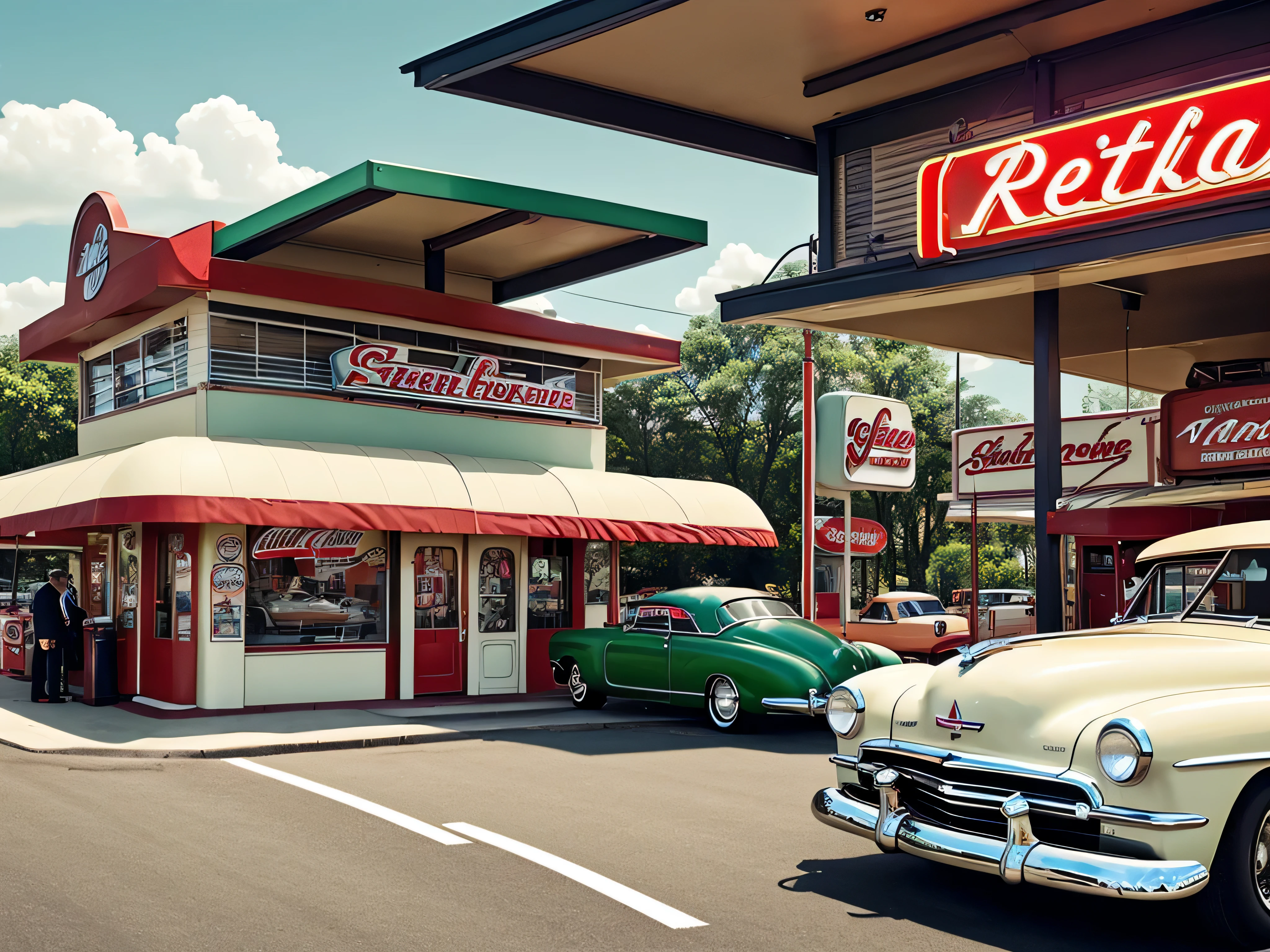 a red convertible parked in front,mid-century architecture,flickering neon signs,vintage gas pumps,attendants in retro uniforms,old-fashioned car repair tools,shiny chrome details,classic car memorabilia,period accurate gas prices,sepia-toned color palette,nostalgic atmosphere,vintage cars on the road,fluffy white clouds in the sky,well-maintained green grass,smell of gasoline, bustling sound of cars passing by, busy customers pumping gas, 1950s background music playing,typical 1950s cars and fashion.
