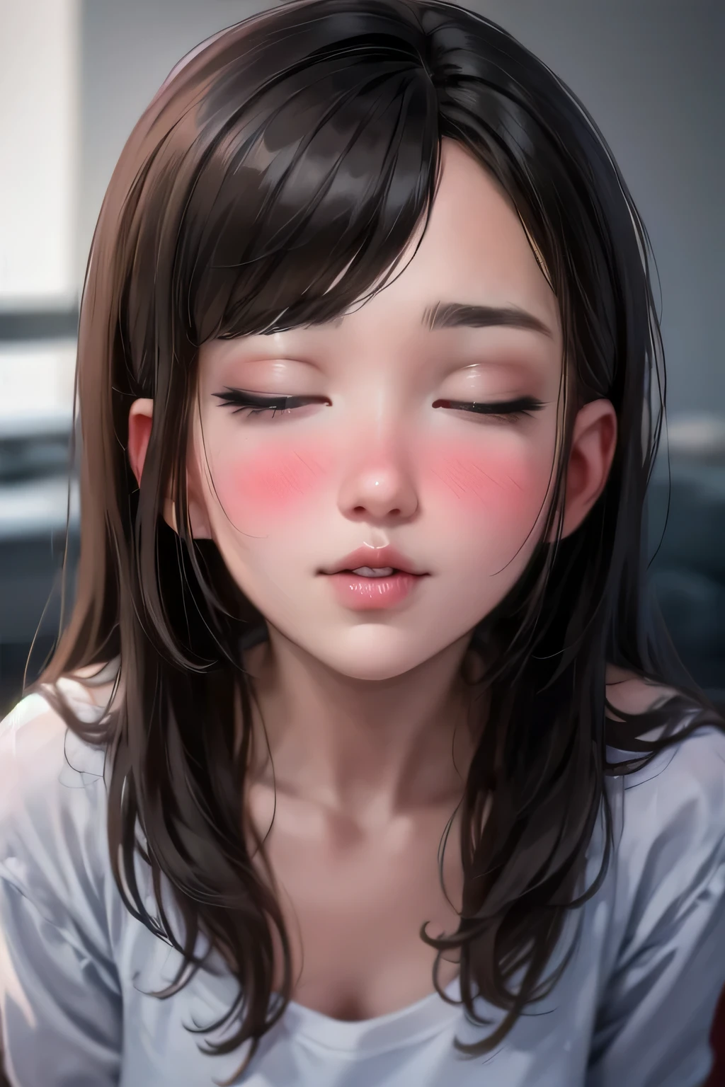 Sexy and cute woman, black brown hair, long hair, straight hair, weak eyes, blushing intensely, lips parted, ready to kiss, long oversized white shirt