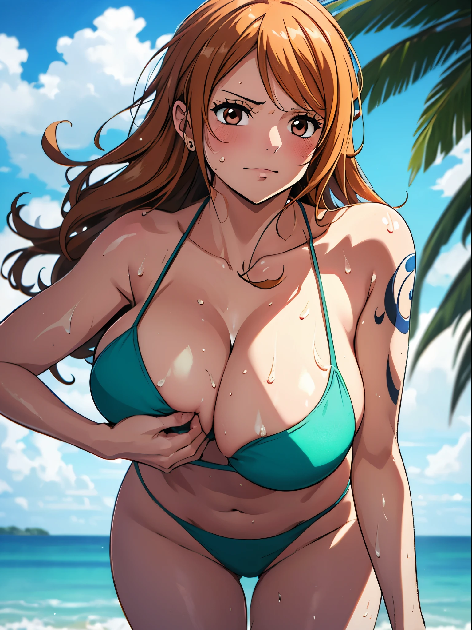 (masterpiece), (best quality), (ultra-detailed), (extremely detailed cg), (a extremely delicate), (perfect lighting), (8k), (dynamic angle), (sharp image), vibrant colors, female, masterpiece, best quality, depth of field, cinematic lighting, masterpiece, best quality, ultra-detailed, colorful, vibrant, large breasts, thighs, mature female, solo, (masterpiece, best quality, high resolution, animescreencap, anime colored,), (perfect anatomy, beautiful detailed eyes, beautiful detailed body, beautiful breast, shiny skin),(best quality, 4k, 8k, highres, masterpiece:1.2), ultra-detailed, and (realistic, photorealistic, photo-realistic:1.37) rendering. HDR, UHD, studio lighting, ultra-fine painting, sharp focus, physically-based rendering, extreme detail description, professional, vivid colors, and bokeh,the sexy anime woman is standing outside, (micro bikini), nami(one piece), 1girl,long hair,light brown hair, brown eyes, anime eyes, medium breasts,((sweaty body)) , ((wet skin)), very wet skin, shy expression, blushing,body abs, outdoors, seaside, beach sand, blue skies, sunlight, arms behind head, sweaty armpits, super wet skin, show both armpits, dynamic pose, erotic pose, looking at viewer, looking from down below, from below, left arm tattoo