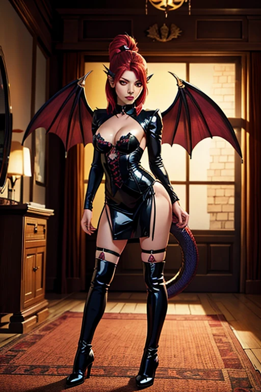 Dragon girls fantasy horror　Lolita sinister dragon　long boots pretty girl　attraction　sexy female dragon with dragon wings on back,dragon tail,cute Hell torture hall style standing action facing mirror　Increase fear(sfw)