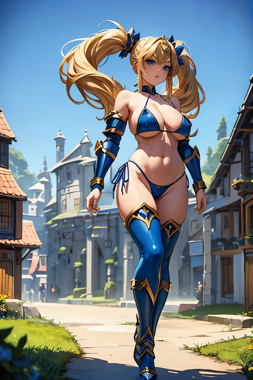 a 18 years old japanese teenage girl with long blonde twintail hair and dark blue eyes. (((Very large Breasts))). She wearing a ((blue bikini armor)) with golden accent and white cloak on her back. Full Body. Dynamic pose. Action Pose. Background at the city in Medieval fantasy world. Ethreal Vibes. Anime style.