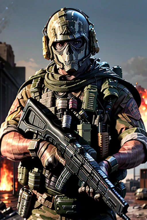 Ghost code soldier holding a firearm, fotografia de Corpo inteiro. Apocalyptic scenario with fire background, nuvens escuras, Explosion, guerra