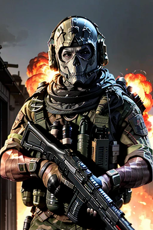 Ghost code soldier holding a firearm, fotografia de Corpo inteiro. Apocalyptic scenario with fire background, nuvens escuras, Explosion, guerra