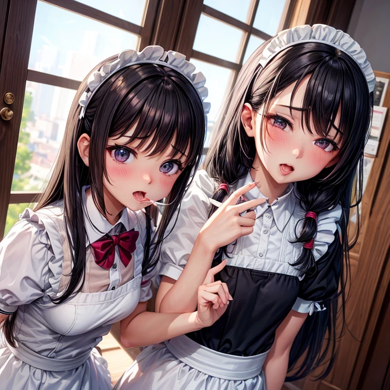 8K quality、High resolution、Two maids、Realistic skin texture、Two women love a penis sandwiched between them、High resolutionの肌、Women licking a man&#39;s penis with their tongues、Princess Hair、thin、Small and young breasts、Open the mouth to reveal a realistic tongue、Beautiful cleavage、Gray Hair、blue eyes、thin脚、French Braid、、Full Body Shot、Wetting、Tearing clothes