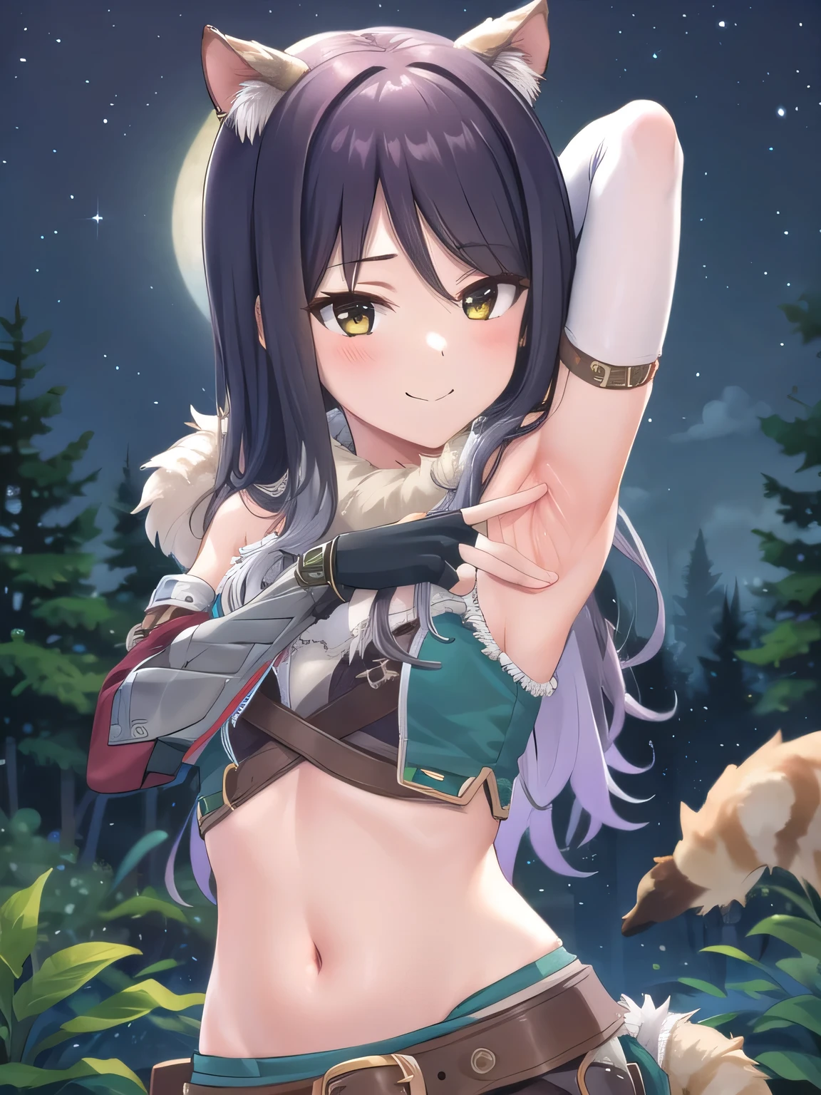 1girl, long hair,  thighhighs, midriff, skirt, crop top, quiver, bare shoulders, thighhighs under boots, bangs, gloves, belt, navel, breasts, fur trim, vambraces, miniskirt, fingerless gloves, blush, Shiori,  solo, night sky, forest, arms behind head, contrapposto, spread armpits, closed mouth, smile, upper body,