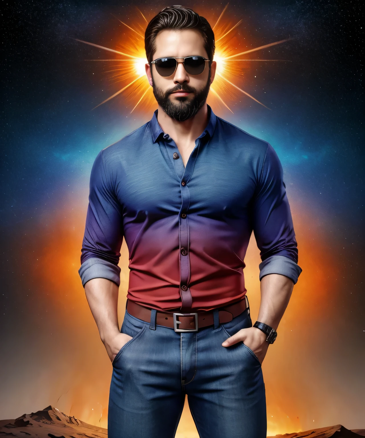 Obra maestra, desenfoque de campo, Parte superior del cuerpo, Hands in pants pockets, 38 year old man with beard and square sunglasses. Man wearing a shirt with a color gradient in the space movie with a solar  explosion in the background.