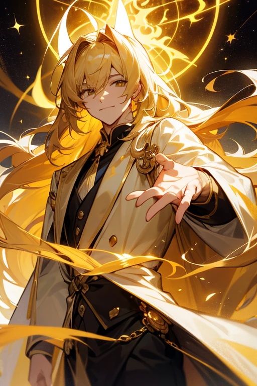 Create a man with unique characteristics, inspired by the sign of Leo and the cosmological stars An artistic representation of the essence of this sign, with striking features and a mysterious aura, Highlight golden strokes of gold and golden highlights, yellowish hair like gold and a confident smile Make clear the pride of the sign of Leo in its essence with a long and voluminous hair as a representation of the mane