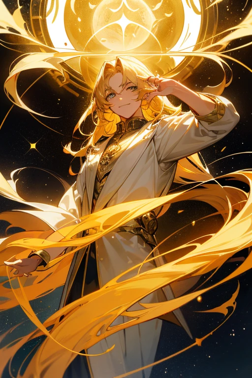 Create a man with unique characteristics, inspired by the sign of Leo and the cosmological stars An artistic representation of the essence of this sign, with striking features and a mysterious aura, Highlight golden strokes of gold and golden highlights, yellowish hair like gold and a confident smile Make clear the pride of the sign of Leo in its essence with a long and voluminous hair as a representation of the mane