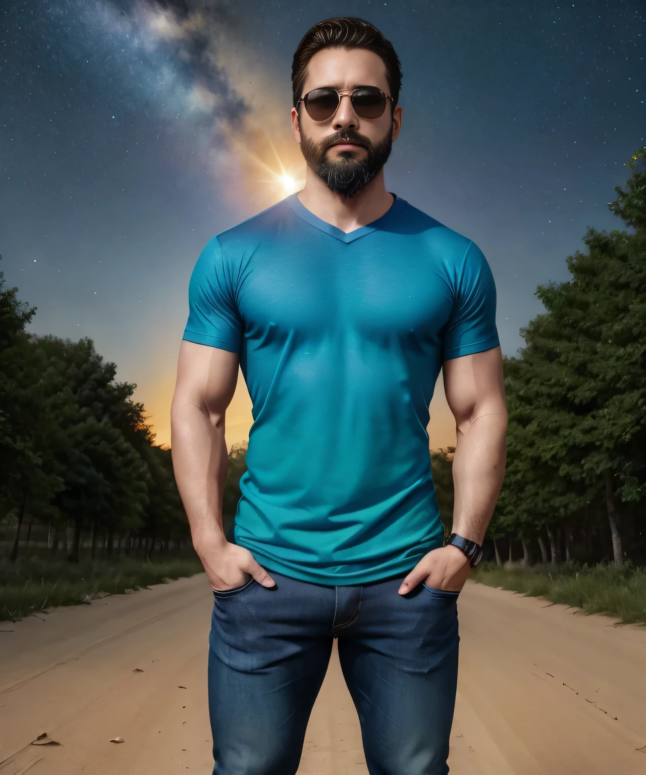 Obra maestra, desenfoque de campo, Parte superior del cuerpo, Hands in pants pockets, 38 year old man with beard and square sunglasses. Man wearing a shirt with a color gradient in the space movie with a solar  explosion in the background.