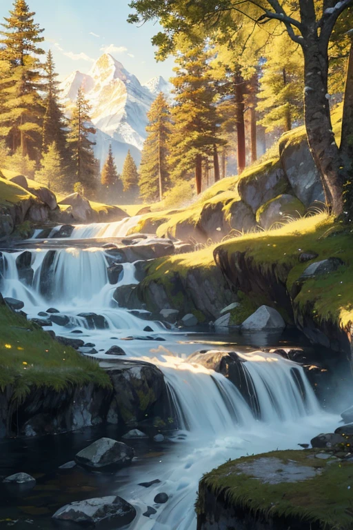 a soothing and calming ambiance. Golden sunlight filters through the trees, casting cool, tranquil shadows that envelop the valleys and forests, adding depth and dimension to the scene. The picture is a masterpiece, a top-quality work of art that transports you to the heart of the Swiss Alps.
The majestic mountains, their peaks piercing the sky, are rendered in exquisite detail. Every crevice and ridge is expertly modeled and textured, the snow at the summits shimmering in the sunlight and reflecting the surrounding beauty with stunning realism.
The lush, verdant meadows and forests below are equally detailed. Every blade of