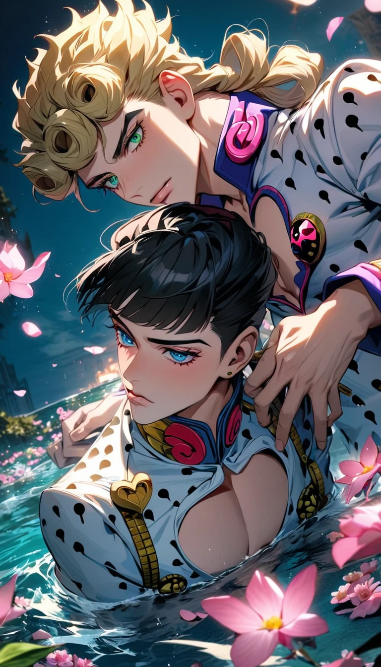 absurdres, highres, ultra detailed, HDR, masterpiece, Giorno Giovanna, blond hair, expressive green eyes, jojo bizarre adventure, Bruno Bucciarati, black hair, expressive blue eyes, 2men together, gay couple, water, pink petals, pink flowers, pink butterflies