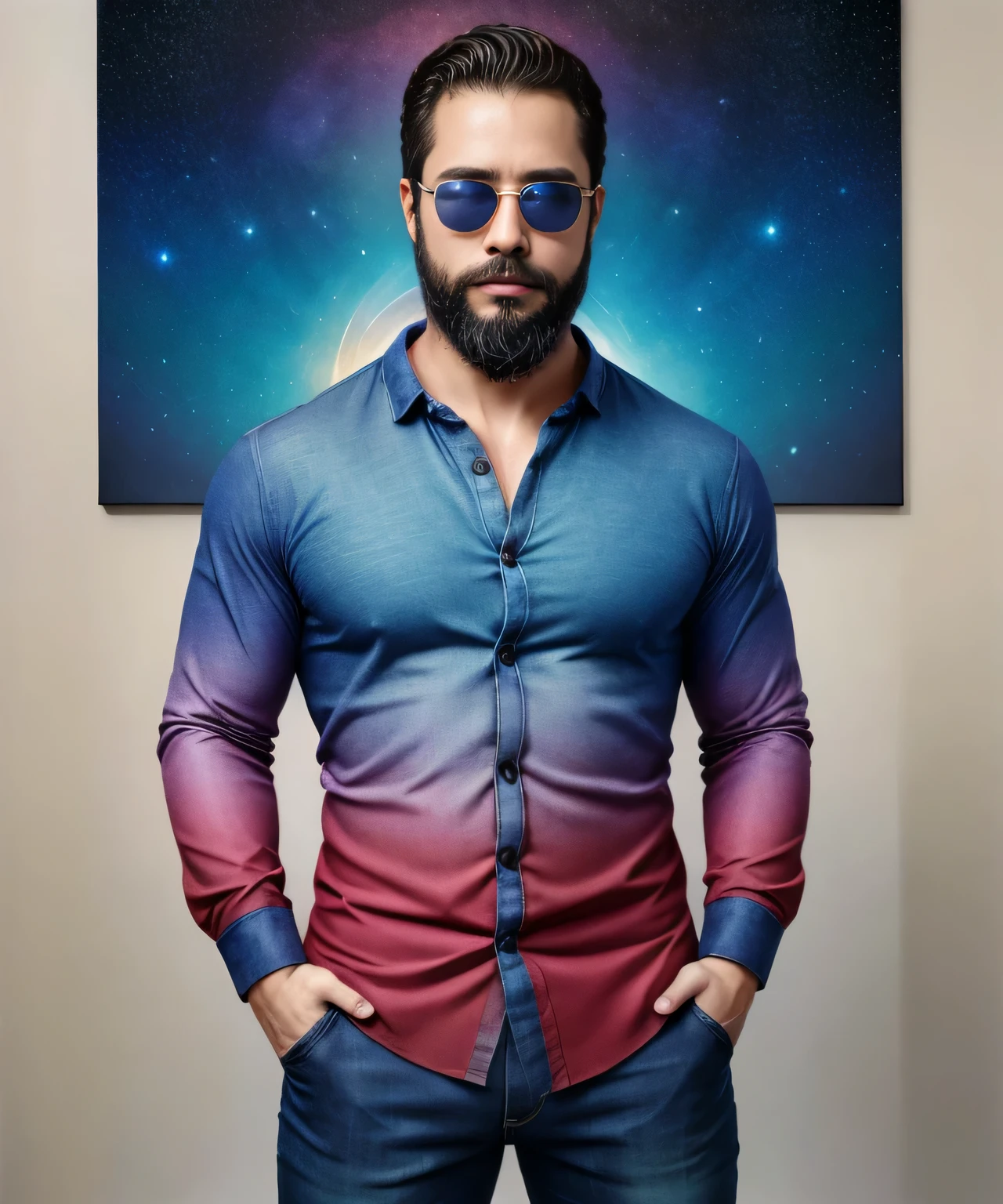 Obra maestra, desenfoque de campo, Parte superior del cuerpo, Hands in pants pockets, 38 year old man with beard and square sunglasses. Man wearing a shirt with a color gradient in the space movie with a solar  explosion in the background.