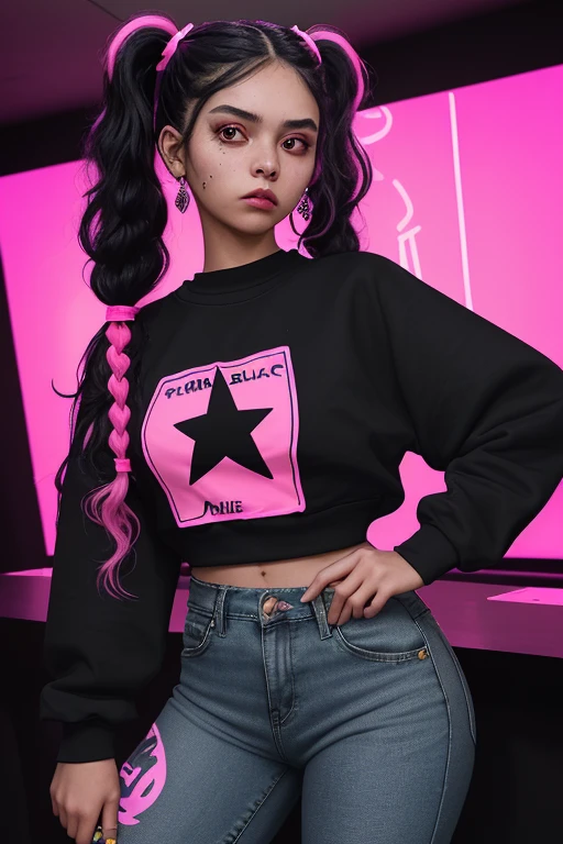 20-year-old woman with Latin appearance, curly black hair in two pigtails with colorful strands, open black sweatshirt, fluorescent pink shirt with black star decoration, pink denim pants, looking straight at the viewer in the background of a nightclub while holding a knife
