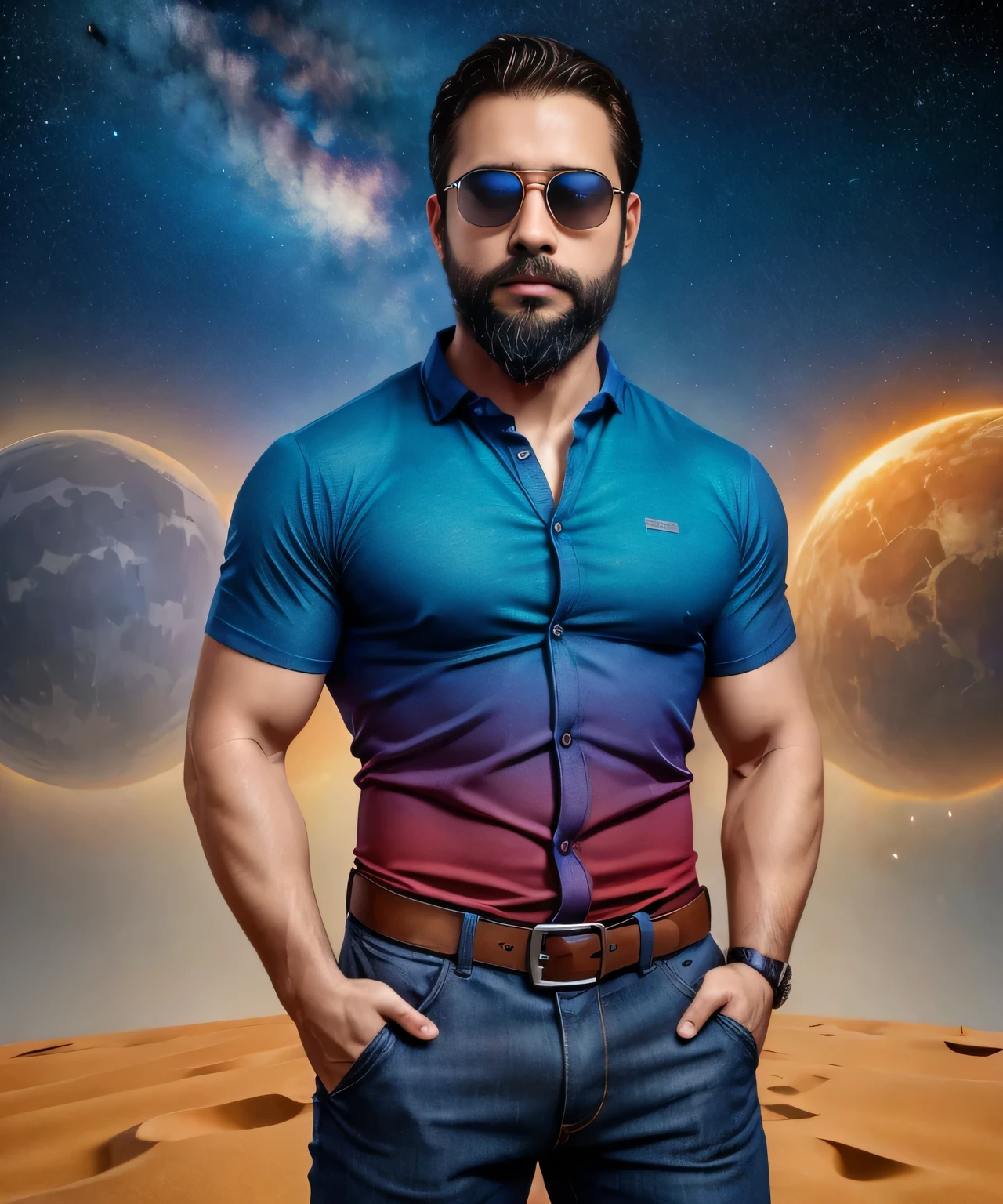 Obra maestra, desenfoque de campo, Parte superior del cuerpo, Hands in pants pockets, 38 year old man with beard and square sunglasses. Man wearing a shirt with a color gradient in the space movie with a solar  explosion in the background.