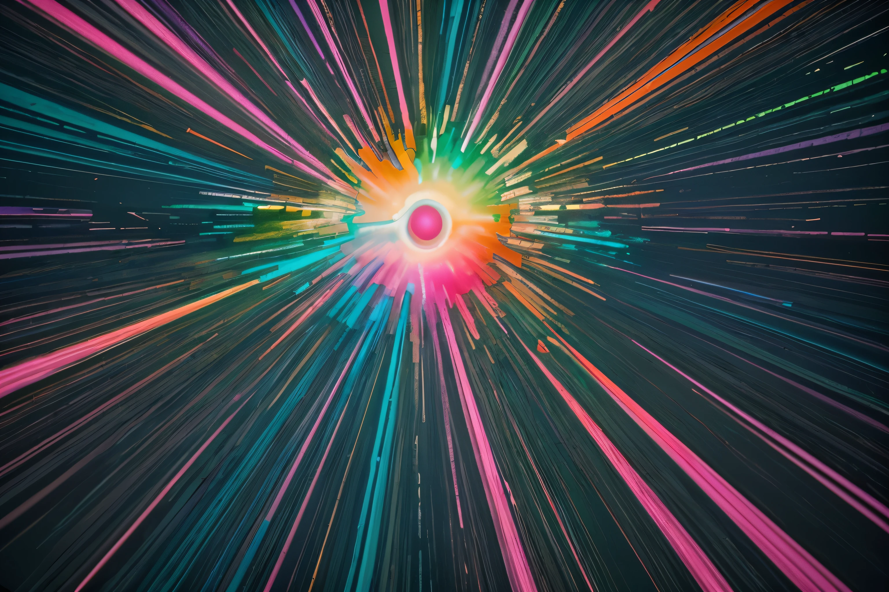 Amidst a sea of vibrant, glowing hues reminiscent of neon signs, an electrifying abstract painting catches the eye. The neon backgrounds serve as the backdrop, enhancing the main subject: a dynamic, pulsating display of colors that seem to leap off the canvas. Every shade of pink, green, and orange meld together seamlessly, creating a mesmerizing visual feast for the senses. This high-quality image captures the essence of modern art at its most striking and captivating.