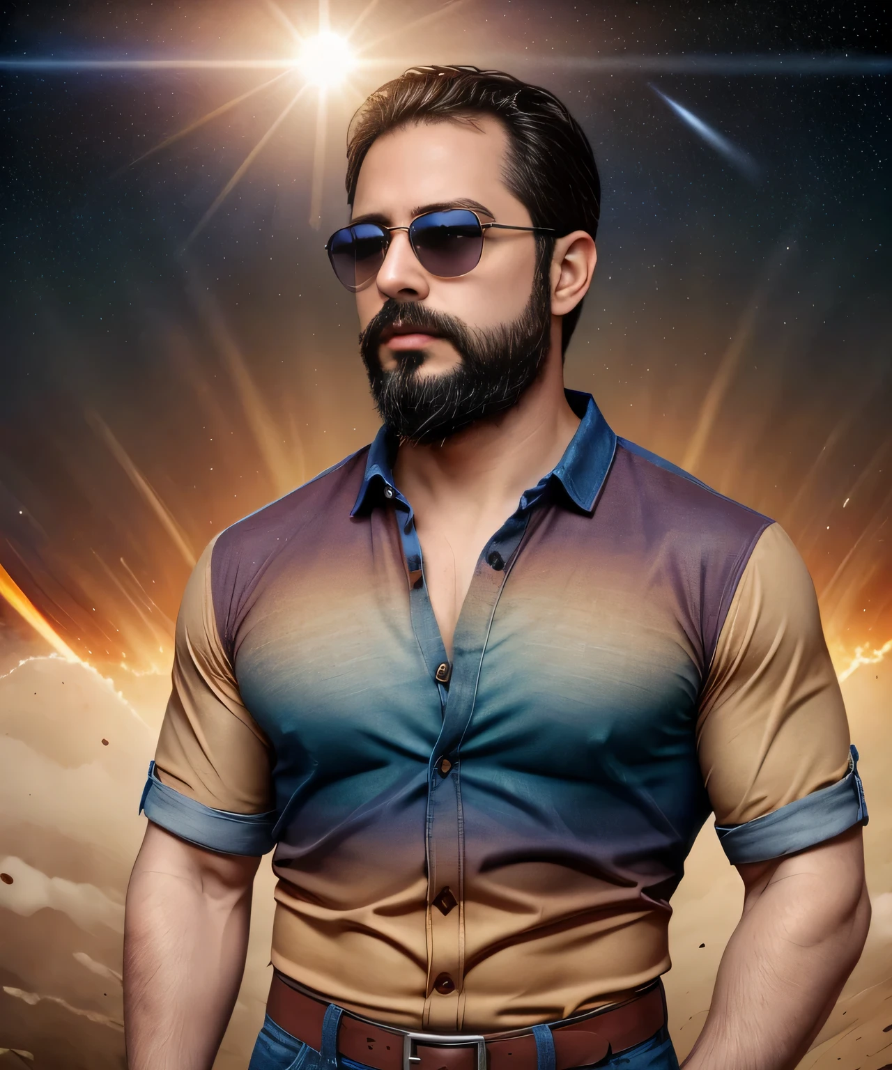 Obra maestra, desenfoque de campo, Parte superior del cuerpo, Hands in pants pockets, 38 year old man with beard and square sunglasses. Man wearing a shirt with a color gradient in the space movie with a solar  explosion in the background.