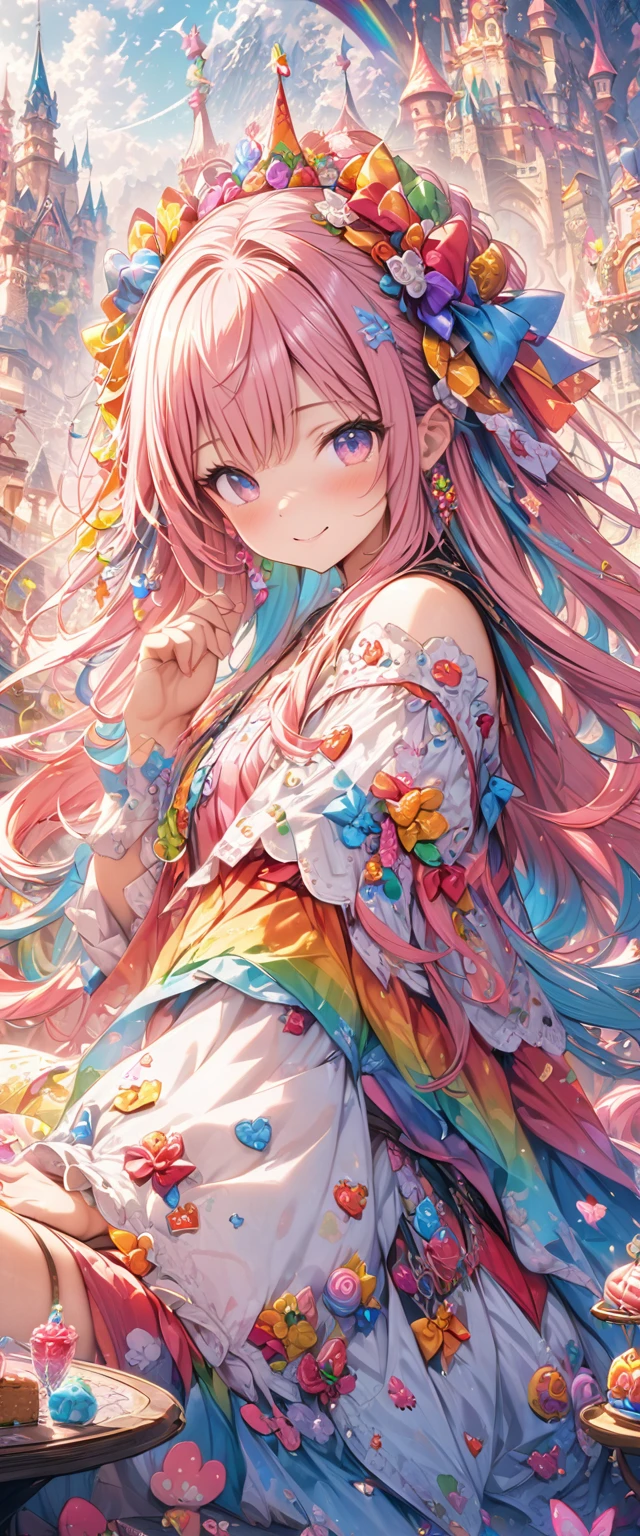 ((masterpiece, highest quality, Highest image quality, High resolution)), ((Extremely detailed CG unified 8k wallpaper)), Candyland, Candy Kingdom, Candy Castle, A fairy tale world, lined with houses of candy and a rainbow of juice fountains, Colorful, pop, fantasy, dreamy, Smile,