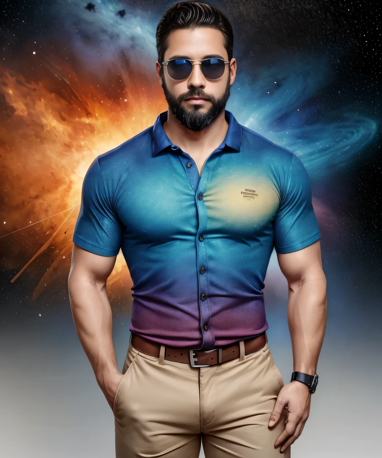 Obra maestra, desenfoque de campo, Parte superior del cuerpo, Hands in pants pockets, 38 year old man with beard and square sunglasses. Man wearing a shirt with a color gradient in the space movie with a solar  explosion in the background.