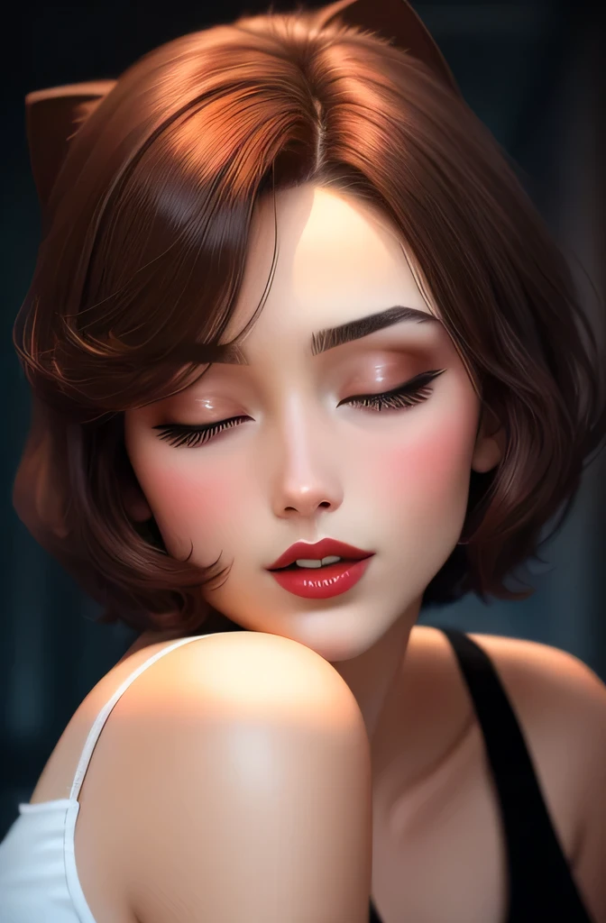 Sexy woman, short brown hair, middle part, lots of makeup, perfect red lips, loose blue tank top, black short shorts