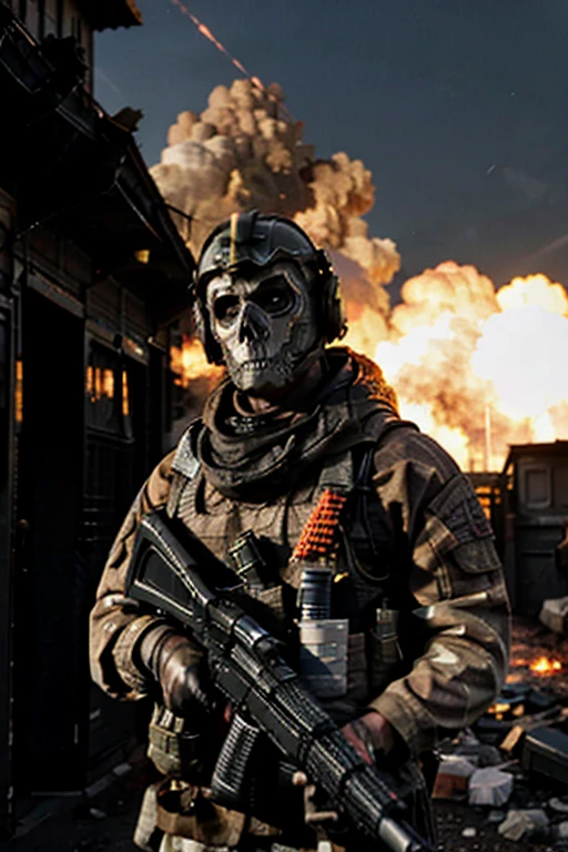 Ghost code soldier holding a firearm, fotografia de Corpo inteiro. Apocalyptic scenario with fire background, nuvens escuras, Explosion, guerra, different photography angles.