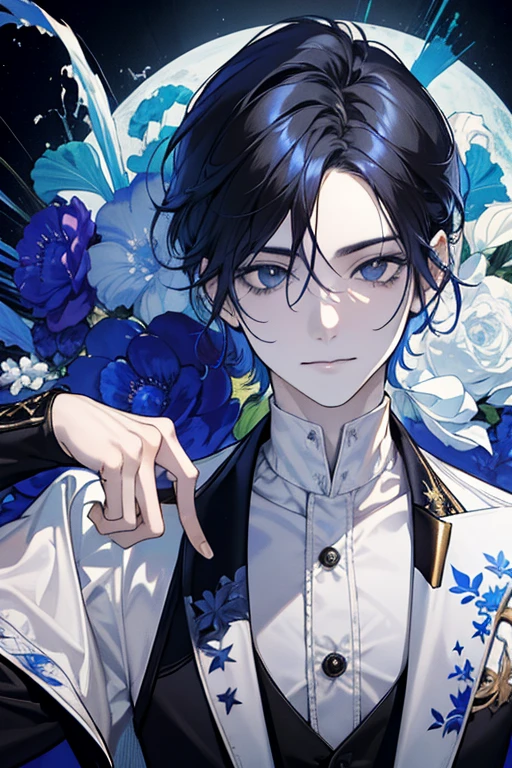 (absurdos, high resolution, ultra detalhado, HDR), obra de arte, Melhor qualidade, 1 menino, Sozinho, bonito, cabelo azul escuro, finely olhos vermelhos and detailed face, testa, ((wear a white t-shirt and black pants)), (pale and white skin), dutch angle, tronco, leve sorriso, villa vibe, vampire vibe, put your hand on the table, waist watch, efeito de sangue, na BIBLIOTECA ESCURA, foco facial, olhos vermelhos
