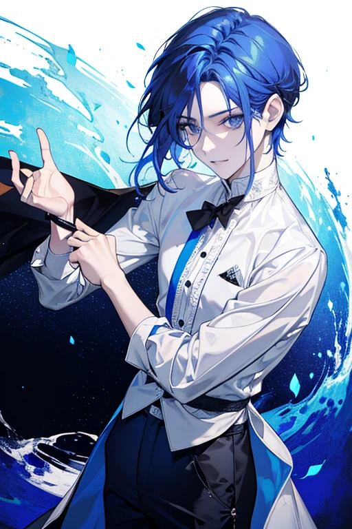 (absurdos, high resolution, ultra detalhado, HDR), obra de arte, Melhor qualidade, 1 menino, Sozinho, bonito, cabelo azul escuro, finely olhos vermelhos and detailed face, testa, ((wear a white t-shirt and black pants)), (pale and white skin), dutch angle, tronco, leve sorriso, villa vibe, vampire vibe, put your hand on the table, waist watch, efeito de sangue, na BIBLIOTECA ESCURA, foco facial, olhos vermelhos