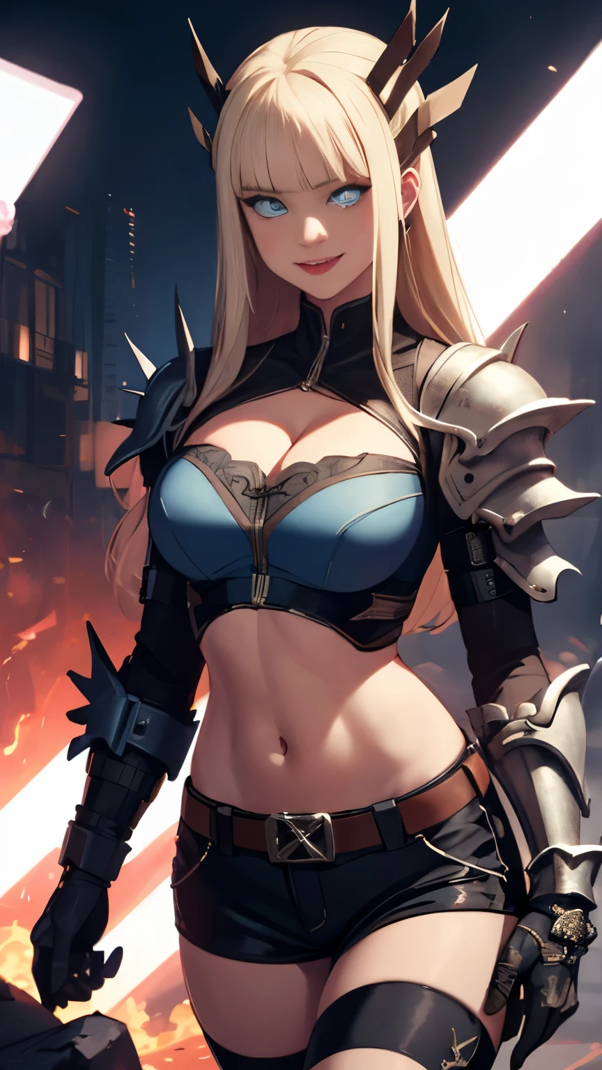 (Highly quality, masterpiece, detailed), soul city detailed scenario, soul city detailed background, 1girl, Magik, midriff, thigh highs, gloves, short shorts, cleavage, evil smile, armored left arm, glowing blue eyes, navel, perfect face, beautiful eyes, looking at the viewer, Sexy pose