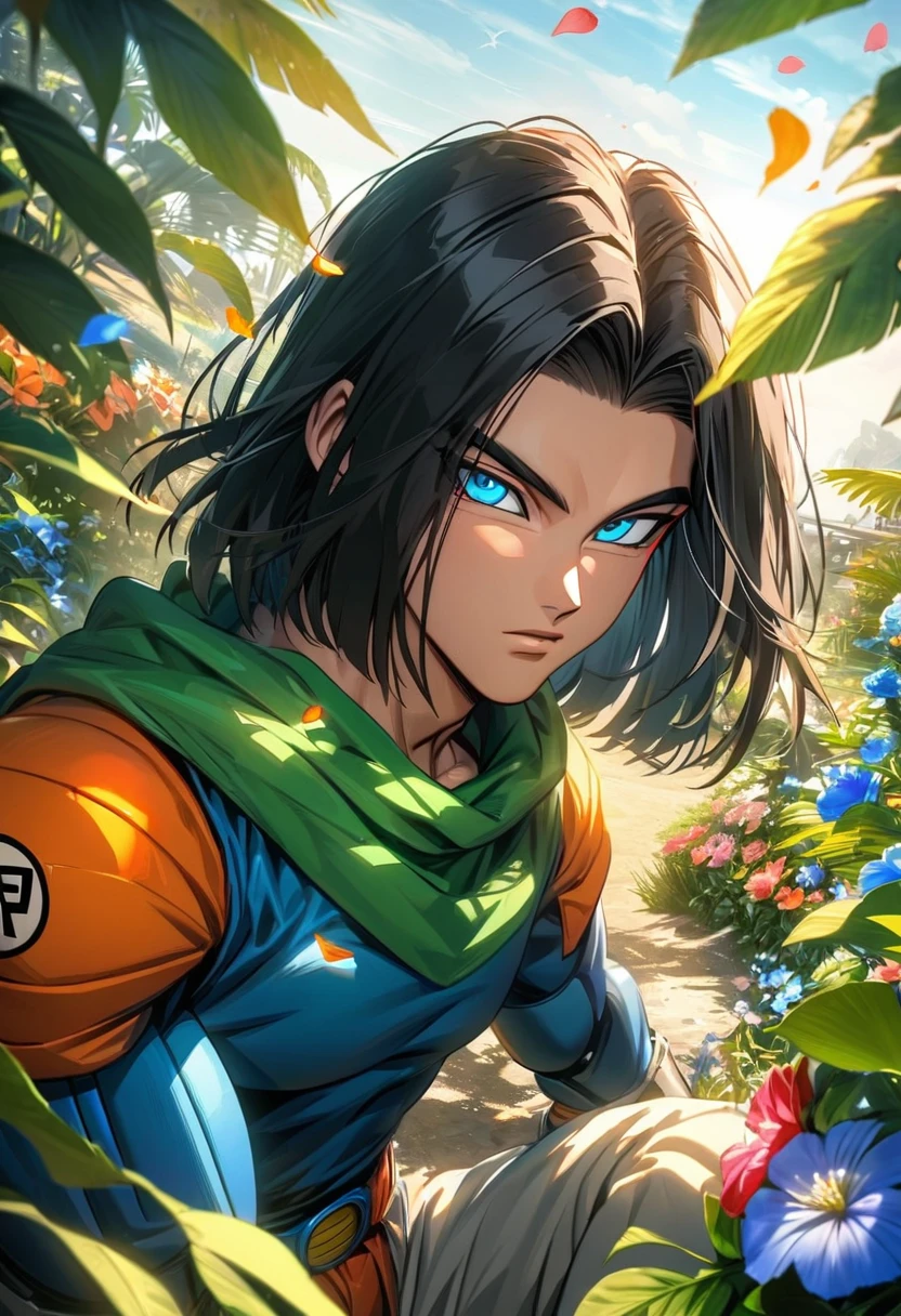 Ultra detailed, highres, absurdres, HDR, Android 17, black hair, blue eyes, Dragon ball Z, handsome, 1 man only, summer, green leaves, petals and flowers,