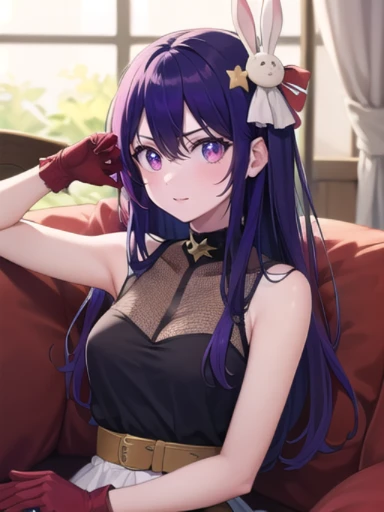 (masterpiece:1.3),((High resolution)),((high quality)),((Super detailed))、1 girl、perfect balance、perfect face、detailed face、cute face、beautiful detailed eyes、Expressive eyes、cute eyes、shiny eyes、perfect body、beautiful body、8k、Hoshino Ai、hair between eyes、hair ornament、ヘアribbon、long hair、one side up、(purple eyes:1.1)、purple hair、Bunny hair ornament、star-shaped pupil、symbol-shaped pupil、六芒star-shaped pupil、belt、ブラックbelt、brooch、dress、ピンクのdress、フリルdress、フリルgloves、gloves、gloves、ハートbrooch、Idol、Idol服、jewelry、ピンクのgloves、赤いribbon、ribbon、タートルネックdress、sitting on the sofa、1girl、Crossed legs、Panty Show
